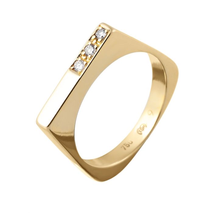 Eleganter, moderner Ring in 750er Gelbgold mit kantiger Schauseite, die in eine runde Ringschiene übergeht.
Der Ring hat 3 kleine Brillanten.