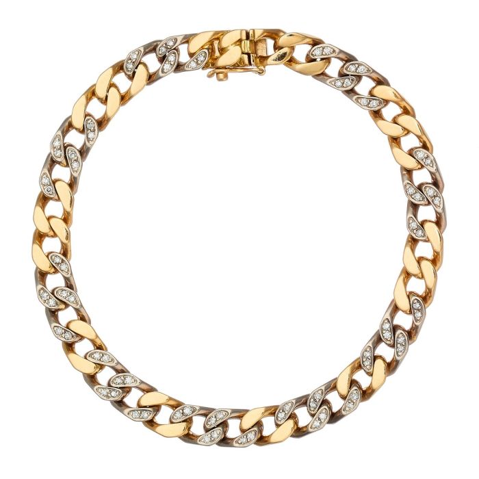 Bicolor-Armband aus 18-karätigem Gold. Die vierseitig geschliffene Flachpanzergliederung ist hochglanzpoliert. Die weißgoldenen Glieder sind mit jeweils 4 Diamanten versehen.