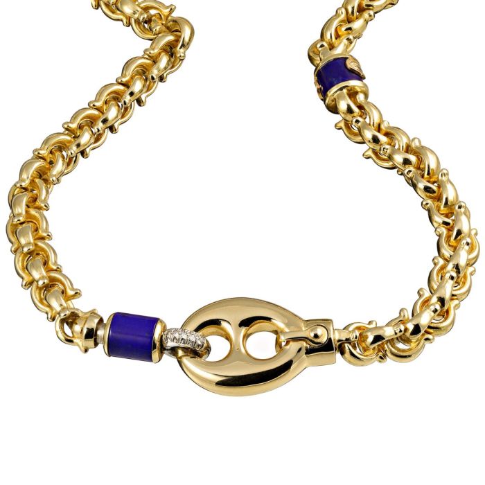 Collier in 18-karätigem Gelbgold mit Lapislazuli-Zwischenelementen. Mit Verschluss, der teilweise aus Weißgold und mit Brillanten besetzt ist. - Teilansicht