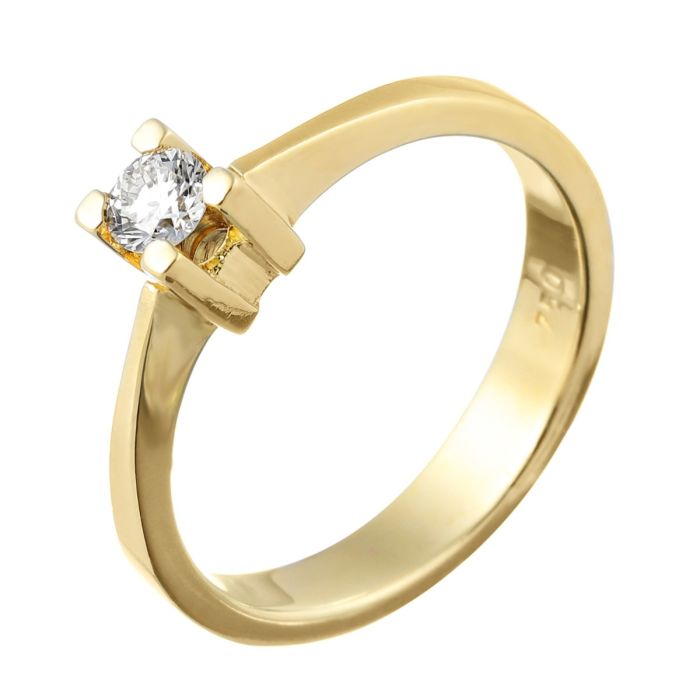 Klassischer, moderner Solitärring in 750er Gelbgold mit einem funkelnden Brillanten von 0,18 ct in Krappenfassung. 