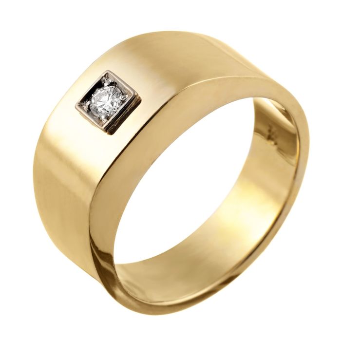 Massiver, schöner Herrenring in 585er Gelbgold und Weißgold mit einem Brillanten von 0,08 ct.
Der Brillant ist mittig der Schauseite des Ringes in eine quadratisch weißgoldene Fassung gesetzt. 