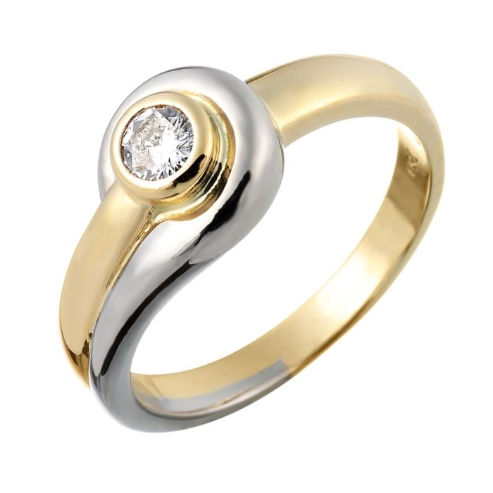 Moderner Brillantring in 750er Gold in Bicolor mit gerundeter Vierkantringschiene, schauseitig gedoppelt und den Brillantsolitär in Zargenfassung einrahmend