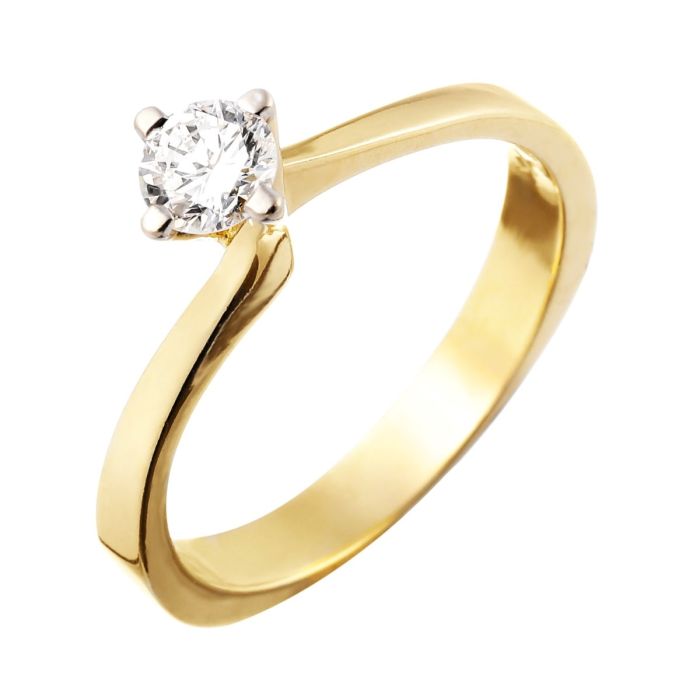 Moderner Brillantring in 750er in Bicolor mit gerundeter Vierkantringschiene, schauseitig gedoppelt und den Brillantsolitär in Zargenfassung einrahmend