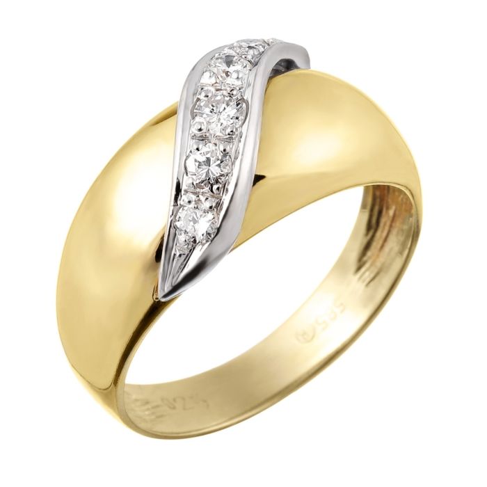 Bandring in 585er Gelbgold und Weißgold, der schauseitig mit einem weißgoldenen, diagonalen, geschwungenem Band belegt ist. 
Dieses ist besetzt mit 5 Brillanten in unterschiedlichen Größen von ges. 0,25 ct.