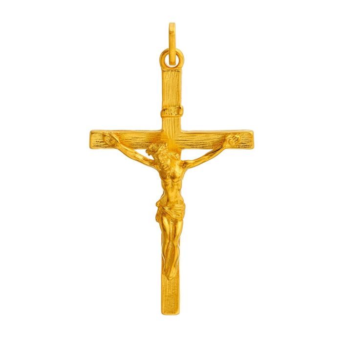 Kreuzanhänger in 8-karätigem Gelbgold. Das filigrane Schmuckstück ist mit einem ziselierten Muster versehen. Dreidimensional ist der gekreuzigte Jesus darauf. 