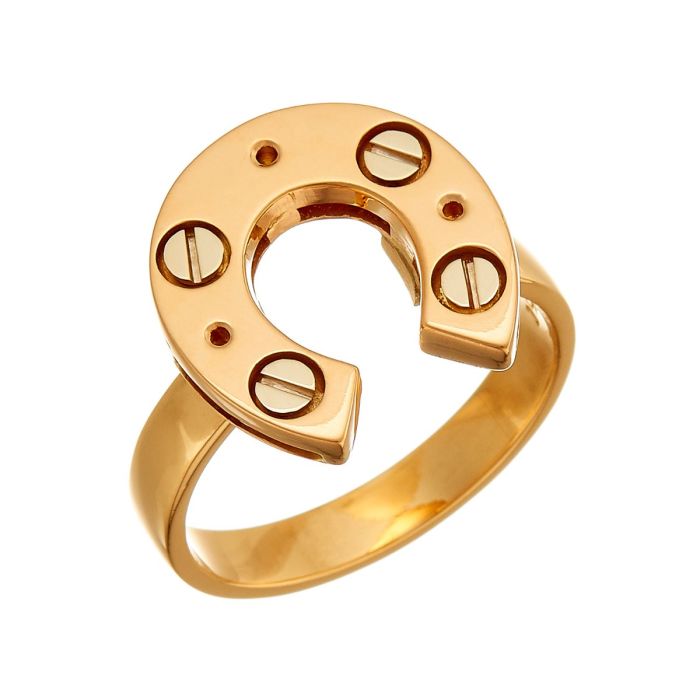 Glücksring in 750er Rotgold und Weißgold. Er trägt schauseitig die Form eines Hufeisens. 