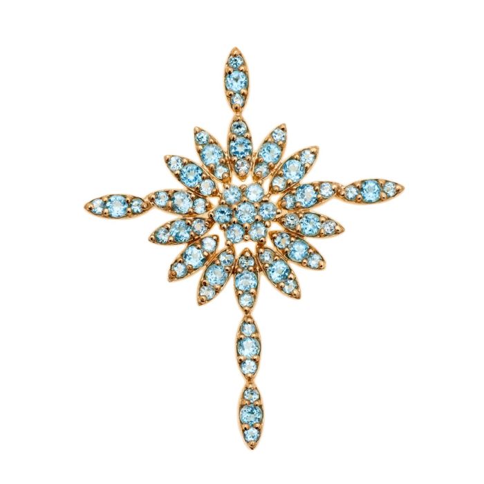 Kreuz aus Gelbgold. Es ist komplett besetzt mit insges. 64 blauen Zirkonia. Ein Sonnensymbol ist mittig des Kreuzes. 