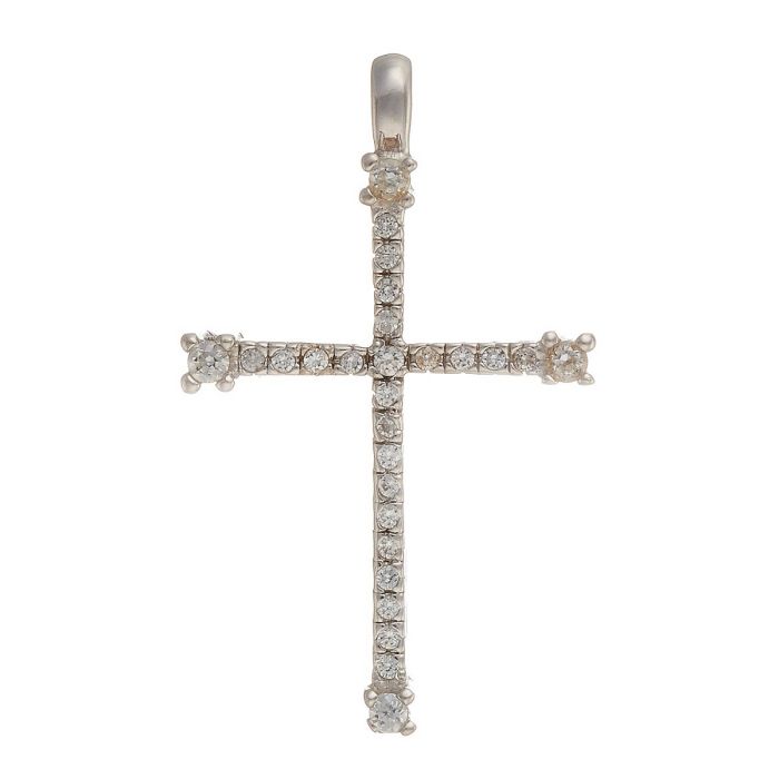 Kreuzanhänger in 18-karätigem Weißgold. Das Schmuckstück ist komplett besetzt mit insgesamt 27 Zirkonias entlang des Längs- und Querbalkens des Kreuzes. 