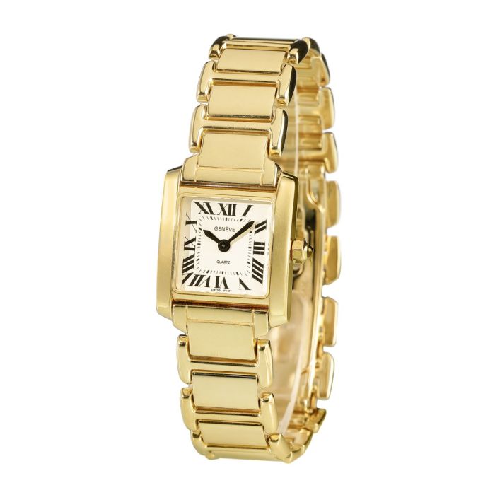 Moderne Damenuhr, Geneve / Schweiz, im Cartier-Stil, in 585er Gelbgold, mit sportlichem Gliederband mit Butterfly-Schließe, eckigem Gehäuse mit creme-weißem Zifferblatt und schwarzen römischen Zahlen und Zeigern. 