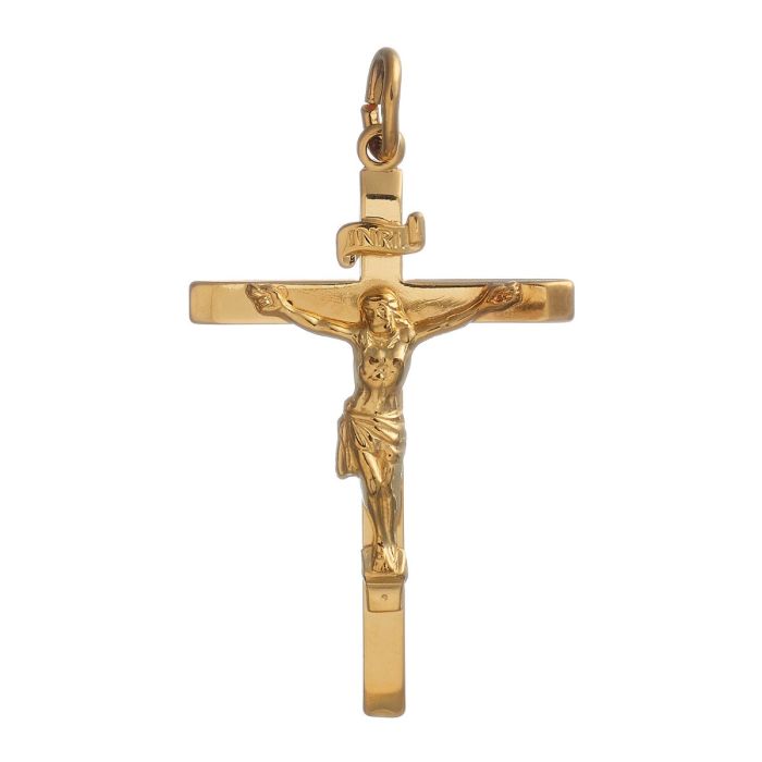 Kreuzanhänger in 8-karätigem Gelbgold, der hochglanzpoliert ist. Ein gekreuzigter Jesus und und die Inschrift „INRI“ sind auf dem Schmuckstück aufgebracht.  