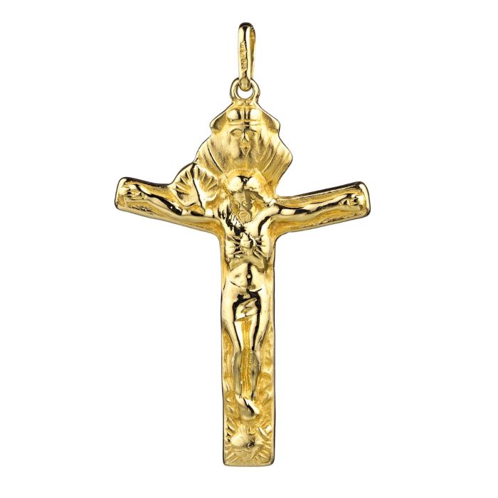 Massives, großes Kreuz aus 14-karätigem Gelbgold. Gekreuzigter Jesus mit Friedenstaube, einem weiteren männlichen Kopf. 