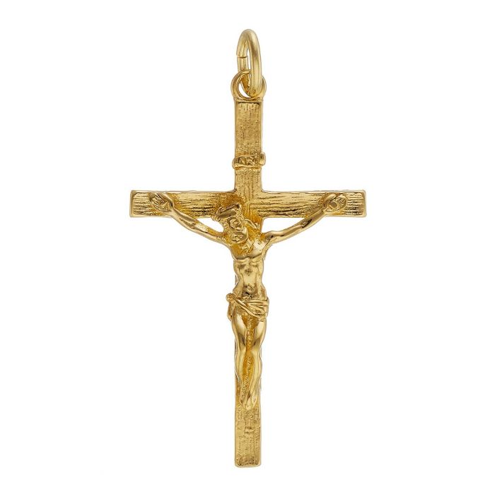 Kreuzanhänger in 8-karätigem Gelbgold. Ein gekreuzigter Jesus  umrahmt von reliefartigen Musterungen und dem Schriftzug „INRI“ oberhalb des Kopfes ziert  das Schmuckstück. 