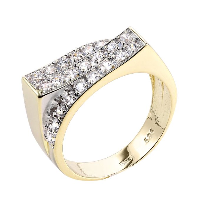 Funkelnder Damenring in 14-karätigem Gold mit insges. 25 Zirkonia in Krappenfassungen besetzt.