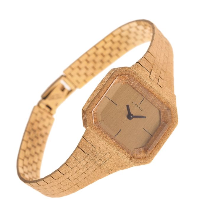 Vintage Damenquarzuhr der Edelmarke Longines in 18-karätigem Gelbgold. Das Ziffernblatt ist schlicht ohne Zahlen.