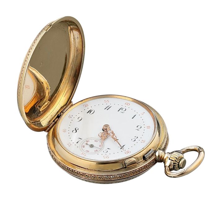 Jugendstil-Damensavonette/Anhängeruhr in 585er Gelbgold. Eine Seite mit klassischer Vase, die andere Seite mit ungravierter Wappenkartusche für Monogramm. Ansicht: geöffnet