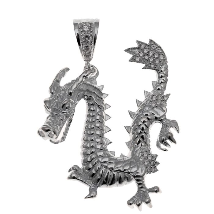 Dreidimensionaler, großer, auffälliger Anhänger in 925er Silber in Form eines Drachens. Am Schwanz, ein Teil des Rumpfes und an der Öse ist der Anhänger mit Zirkonias besetzt. 