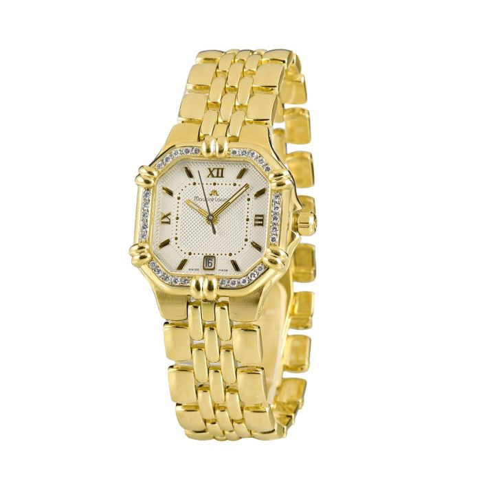 Damenuhr von Maurice Lacroix „Calypso“, achteckige Lünette besetzt mit Brillanten von je ca. 0,01 ct.. Creme-goldfarbenes Zifferblatt mit reliefierter Struktur, goldenen Indizes und Zeigern sowie Datumsanzeige, verschraubte Krone,