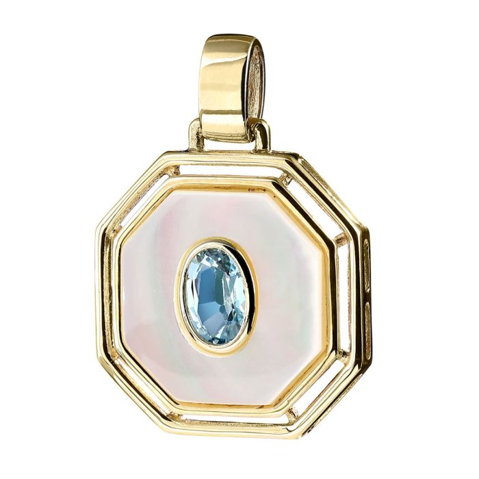 Anhänger aus 14-karätigem Gold.
Mit ovalem Blautopas in einer Zargenfassung, der in einer achteckigen bunt schimmernden Perlmuttplatte sitzt.