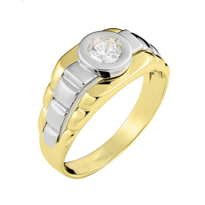 Zeitloser Bicolor-Ring in 14-karätigem Gold. Der rechteckig wirkende Ringkopf trägt einen Moissanit in Zargenfassung.
Rechts und links des Steines gehen waagerechte Musterungen in die Ringschiene über.