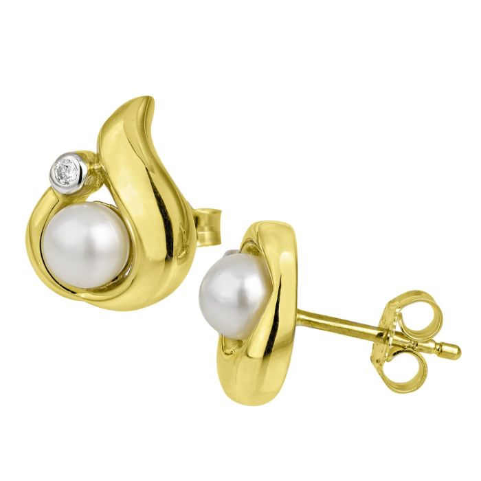 Paar Ohrstecker in 585er Gelbgold in  geschwungener Form mit je einem Brillanten und einer Perle