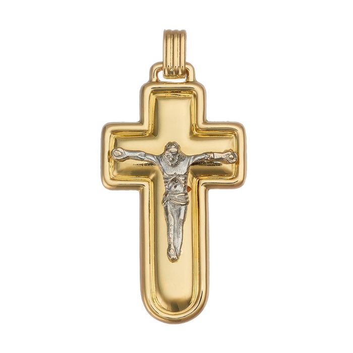 Anhänger in 14-karätigem Gold in Form eines Kreuzes. Das hochglanzpolierte Schmuckstück hat einen reliefierten Rand. Ein  gekreuzigter Jesus ist auf dem Kreuz in Weißgold aufgebracht. 