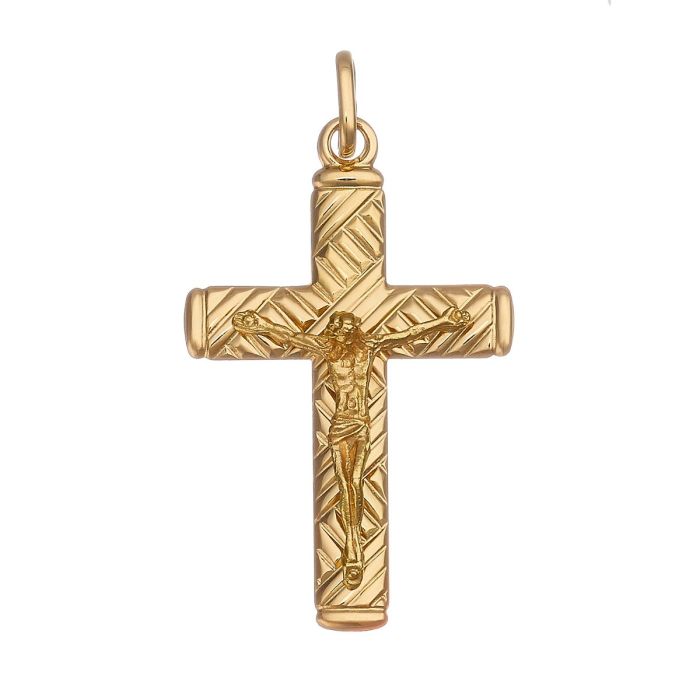 Kreuzanhänger in 18-karätigem Gelbgold. Die hochglanzpolierte Oberfläche ist geziert von einem reliefartigen gekreuzten Muster. Ein plastisch gearbeiteter Jesus ist auf der Musterung aufgebracht.