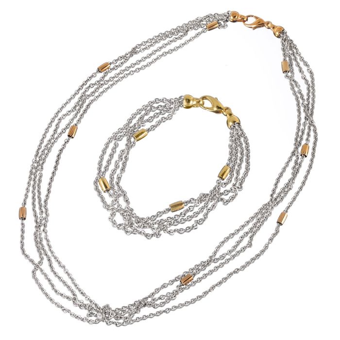 Set bestehend aus Collier und Armband. Jeweils 4 einzelne Gliederketten in Weißgold mit kleinen, unbeweglichen, gelbgoldenen Elementen dazwischen werden an den Endstücken in gelbgoldene Ösen zusammengeführt. Das Armband ist aus 14-karätigem und die Kette 