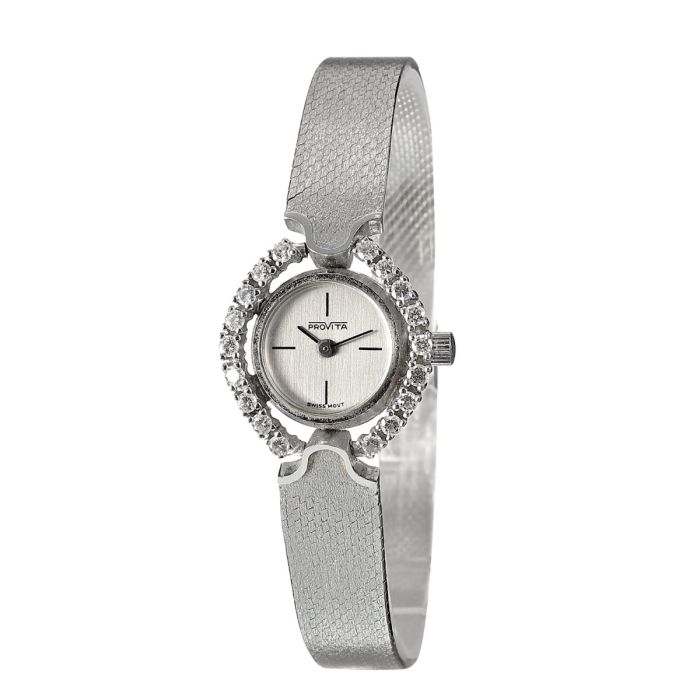 Vintage Damen-Armbanduhr von Provita um 1965/70, seitliche Einfassung des runden Gehäuses besetzt mit insg. 18 Brillanten zus. ca. 0,50 ct. (Weiß, Si) als Verbindungsstück zum massiven Schmuckband mit geschwungenem Band-Ansatz poliert abgesetzt zur mattie