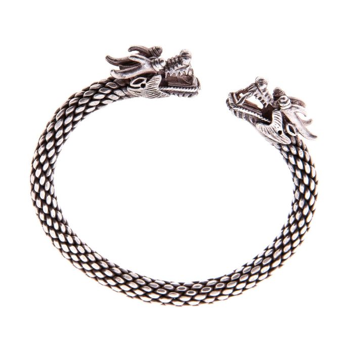 Ausgefallener, massiver Armreif in 925er Silber mit zwei sich anschauenden Drachenköpfen. 