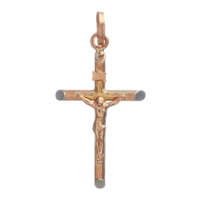 Anhänger in Form eines Kreuzes in 14-karätigem Rotgold. Die Endstücke des Quer- und Längsbalken sind abgeschrägt. Ein gekreuzigter Jesus und die Inschrift „INRI“ sind aufgebracht.
