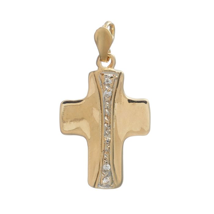 Kreuzanhänger in 14-karätigem Gold. Die unebenen Flächen der Balken werden geziert von einem weißgoldenen Dekor. Mit 4 funkelnden Zirkonia. 