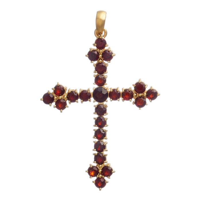 Kreuz-Anhänger aus 18-karätigem Gelbgold. Das Schmuckstück ist besetzt mit 24 Granatsteinen. Die Endstücke des Längs- und Querbalken sind mit je 3 Steinen besetzt. Mittig ein größerer Granat. 
