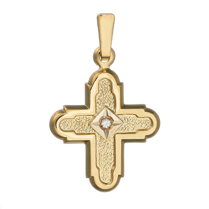 Kreuzanhänger in 14-karätigem Gold. Das Schmuckstück hat einen hochglanzpolierten Rahmen. Mittig ziert ein quadratisches Element mit einer sternförmigen Fassung, in der ein Zirkonia sitzt, das Kreuz.