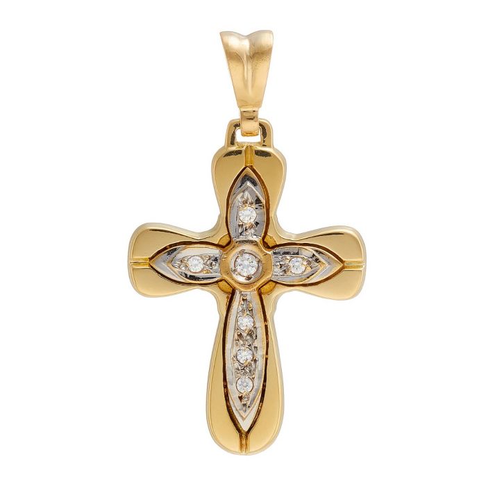 Kreuzanhänger in 14-karätigem Gold. Der äußere Teil ist in Gelbgold und schlicht, während der innere Teil funkelt! Besetzt mit Zirkonias und weißgold unterlegt.