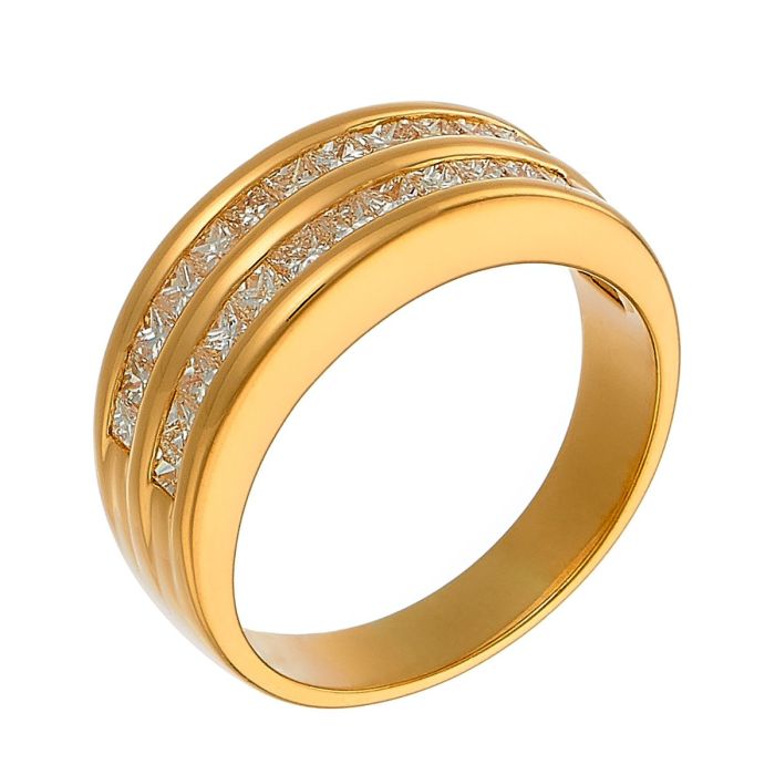 Damen-Bandring in 18-karätigem Gelbgold, besetzt mit zweireihig eingespannten Diamanten in Princess-Schliff. Die Ringschiene ist hochglanzpoliert. 