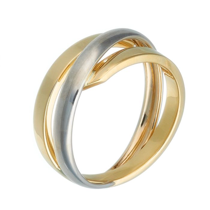 Damenring in 8-karätigem Gold aus der Schmuckkollektion von Tchibo. Die gelbgoldene Ringschiene teilt sich an der Schauseite. Eine zusätzliche weißgoldene Schiene verläuft diagonal darüber.