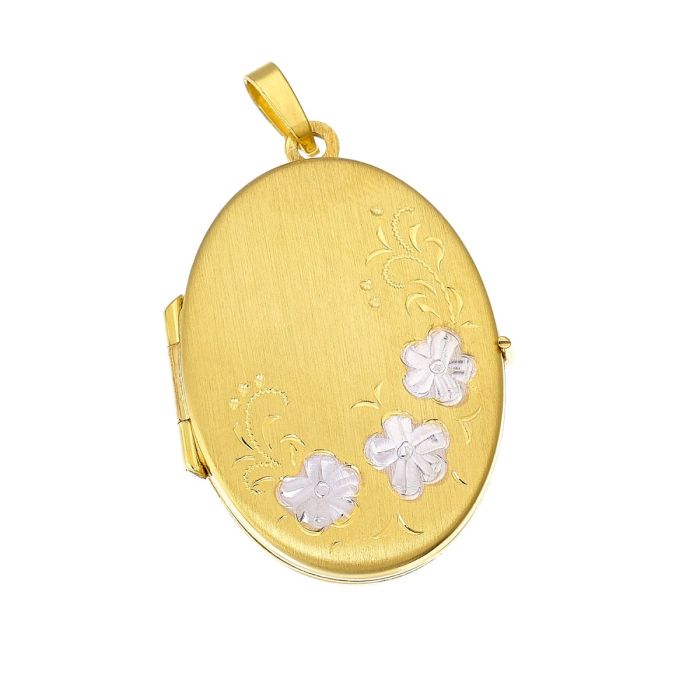 Kettenanhänger in Bicolor. 
Das Amulett ist mattiert und hat schauseitig ziseliert Blumenelemente eingearbeitet.
Die Blüten sind in Weißgold gehalten. Das Amulett ist zum Aufklappen.