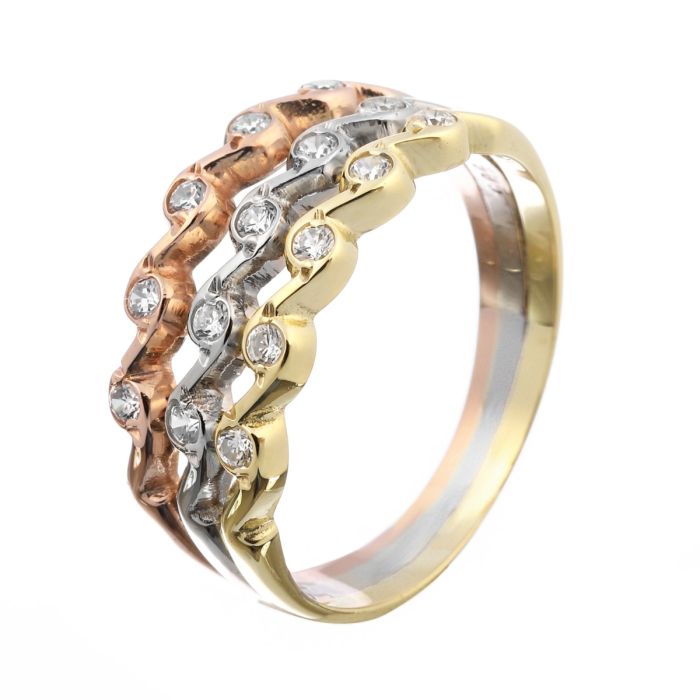 Besonderer Tricolor-Ring in 585er Gelbgold, Weißgold und Rotgold mit Zirkonia besetzt