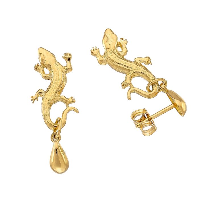 Ohrringe in Form von Echsen, die durch eine bewegliche Öse an kleinen tropfenförmigen Steckern hängen.