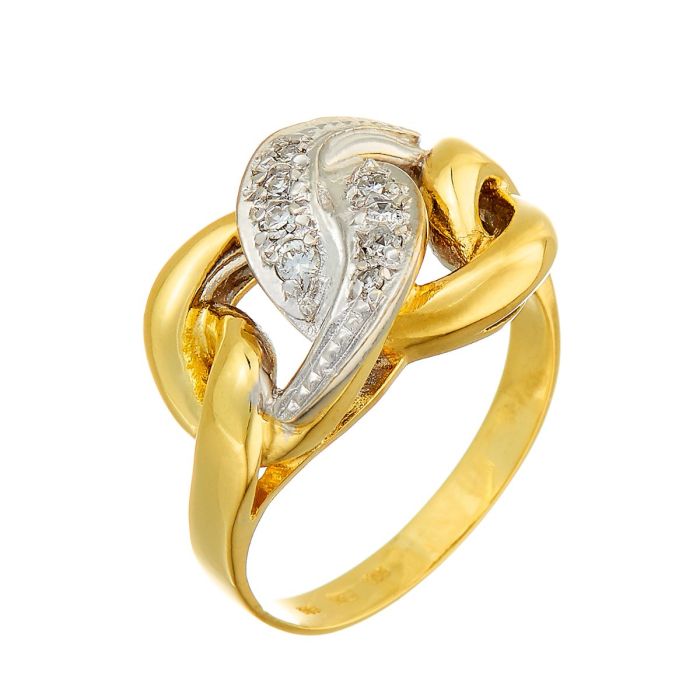 Damenring in 14-karätigem Gold mit 8 Diamanten. Schauseitig hat der Ring Elemente, die wie lockere Knoten wirken. Der mittlere Teil ist in Weißgold gehalten.