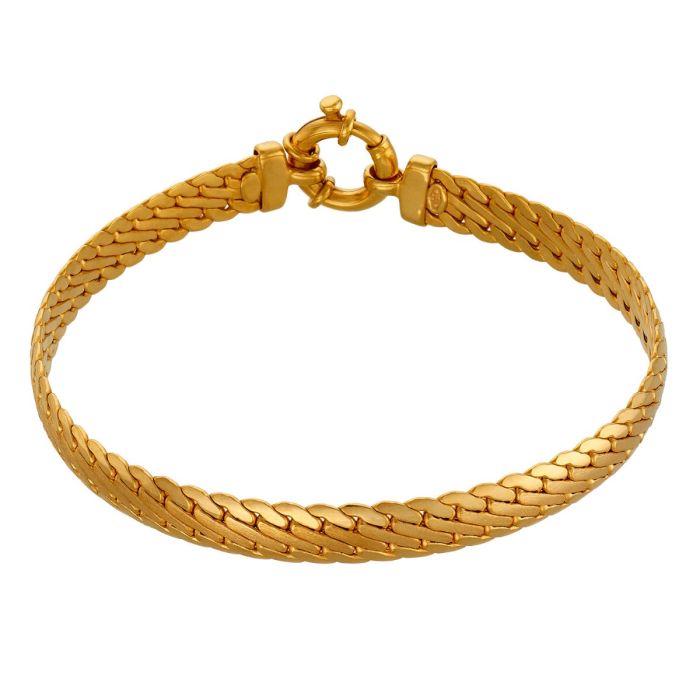 Armband in 8-karätigem Gelbgold, das beim Anlegen einem Armreif durch seine starre Form gleicht. 
Die phantasievolle Gliederung ist teils hochglanzpoliert und teils satiniert gearbeitet. Ein Federring dient als Verschluss.