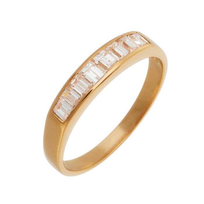 Schmaler Bandring in 18-karätigem Gelbgold, schwach verlaufend, schauseitig besetzt mit 8 Zirkonia in Smaragdschliff in Kanalfassung.