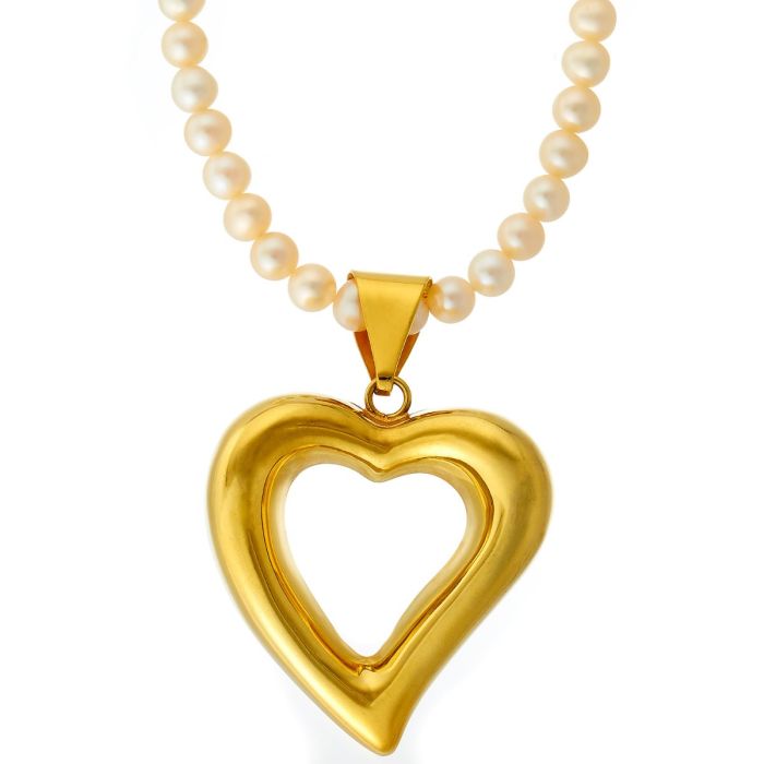 Zuchtperlenkette mit großem Anhänger in Form eines Herzens in 14-karätigem Gelbgold.