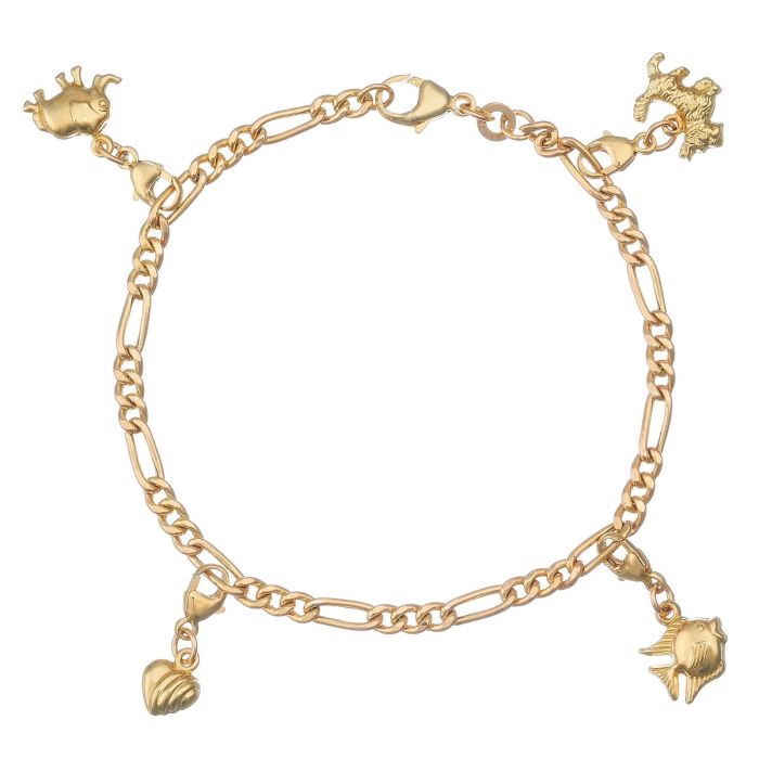 Figaroarmband / Bettelarmband in 8-karätigem Gelbgold. Es hat 4 Anhänger mit jeweils einem Karabiner. 
