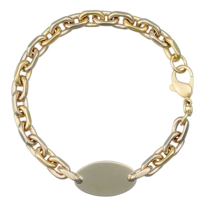 Armband in 14-karätigem Gold. Die geschliffene Ankergliederung ist abwechselnd in Gelb- und Weißgold gehalten. Mit ovaler Platte für Gravuren. 