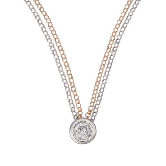 Anhänger mit Kette in 14-karätigem Gold. Die 2-reihige Gliederkette hat jeweils ein gelbgoldenes und ein weißgoldenes Kettchen auf beiden Seiten. Der Anhänger fasst einen Brillanten.