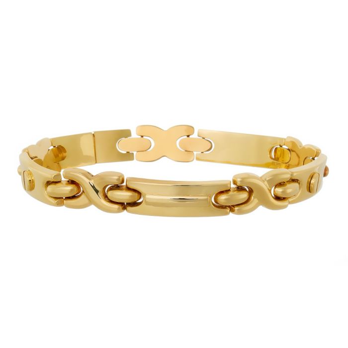 Armband aus 14-karätigem Gelbgold. Eine Kombination von gewölbten, schlichten Gliedern, welche geziert mit schrauben- und stegförmigen Elementen sind, und x-förmigen Zwischenelementen. 