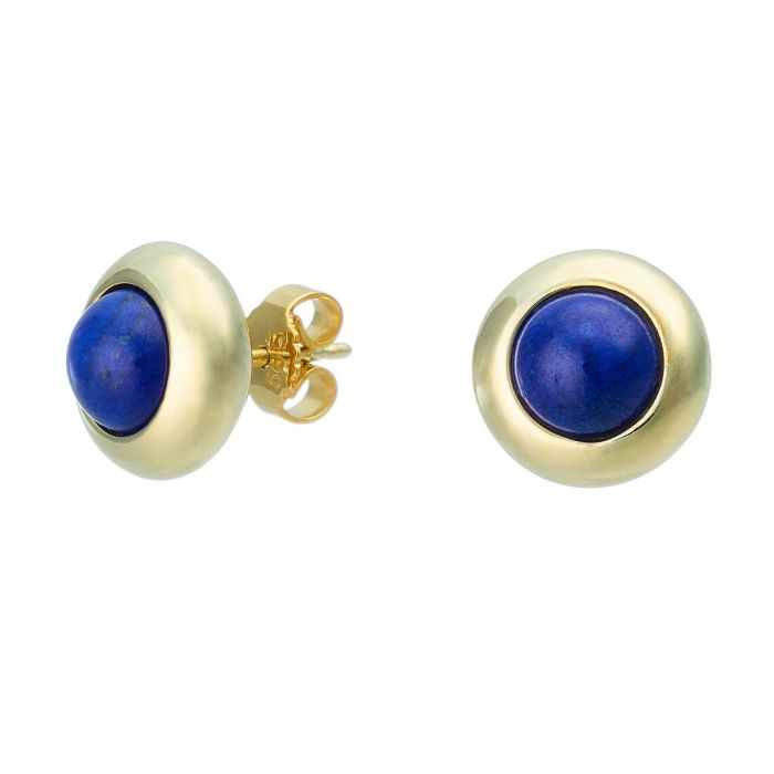 Ohrstecker in 14-karätigem Gelbgold. Die runden Schaustücke sind hochglanzpoliert gearbeitet und fassen mittig jeweils einen runden Lapislazuli in Cabochonschliff. 