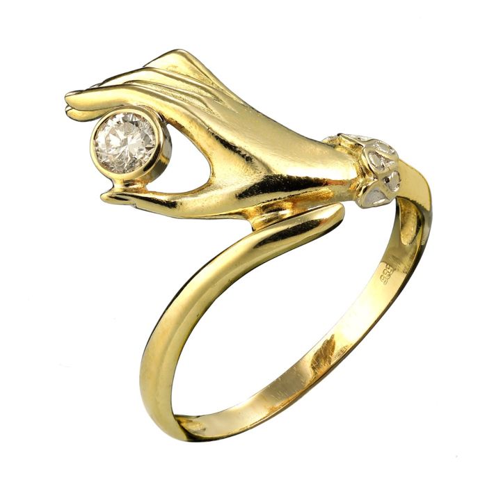 Damenring in 585er Gelbgold mit Frauenhand mit Brillant