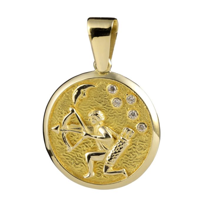 Sternzeichen-Anhänger Schütze aus 585er Gelbgold mit Zirkonia. Vorderseite.